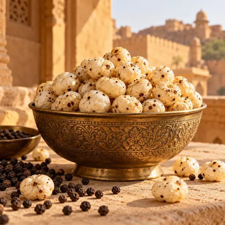 Bowl of classic pepper makhana with black peppercorns